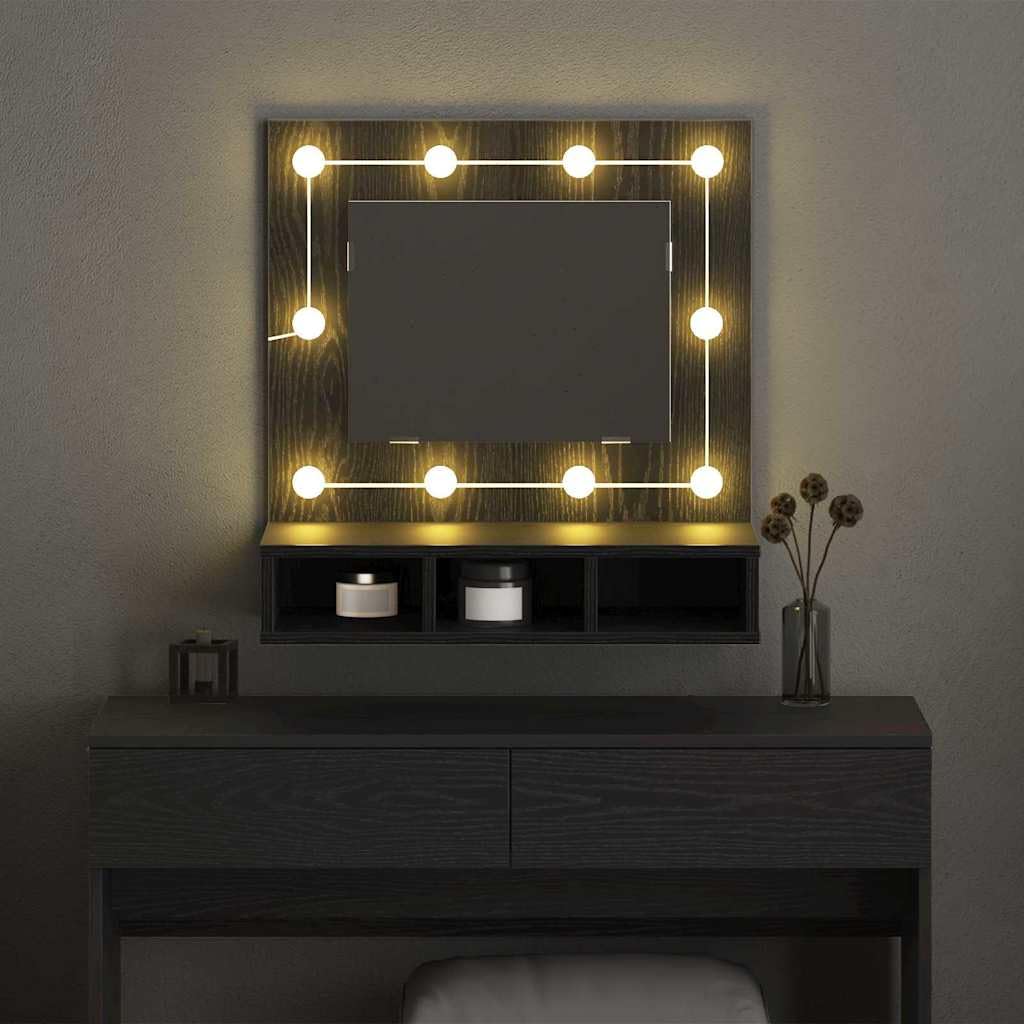 Szafka z lustrem z regałem w kolorze czarnym o wyglądzie dębu, wisząca szafka łazienkowa z materiału drewnopochodnego z oświetleniem LED, USB, 3 półki na płyty i schowkiem 60 x 31,5 x 62 cm