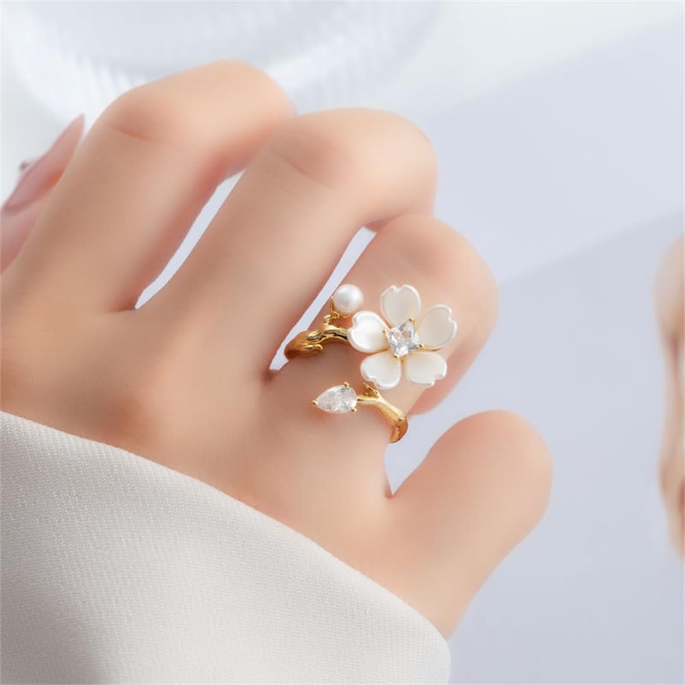 Kokoma Dainty Flower Leaf Ring for Women Cubic Zirconia Pearl White Flower Wrap Finger Band Crystal Engagement Promise Rings Open Statement Ring Adjustable Band - Image 2