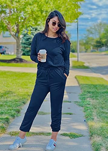 PRETTYGARDEN Women Fall 2 Piece Lounge Outfit Long Sleeve Tops High Waisted Jogger Pants Set Spring Travel Clothes Tracksuit (Dark Blue,Large) - 4