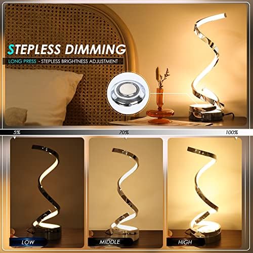 Allesin Bedside Table lamp Spiral, 3 Color Temperatures, Stepless dimmable lamp with USB A & C Ports, Touch Control LED Nightstand Lamp, Desk Lamp for Bedroom, Living Room