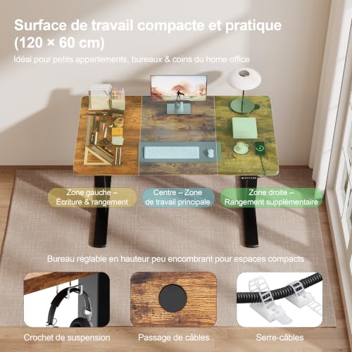 JUMMICO Bureau Assis-Debout Électrique 120x60cm, USB & 2 Mémoires, Marron – vue 4