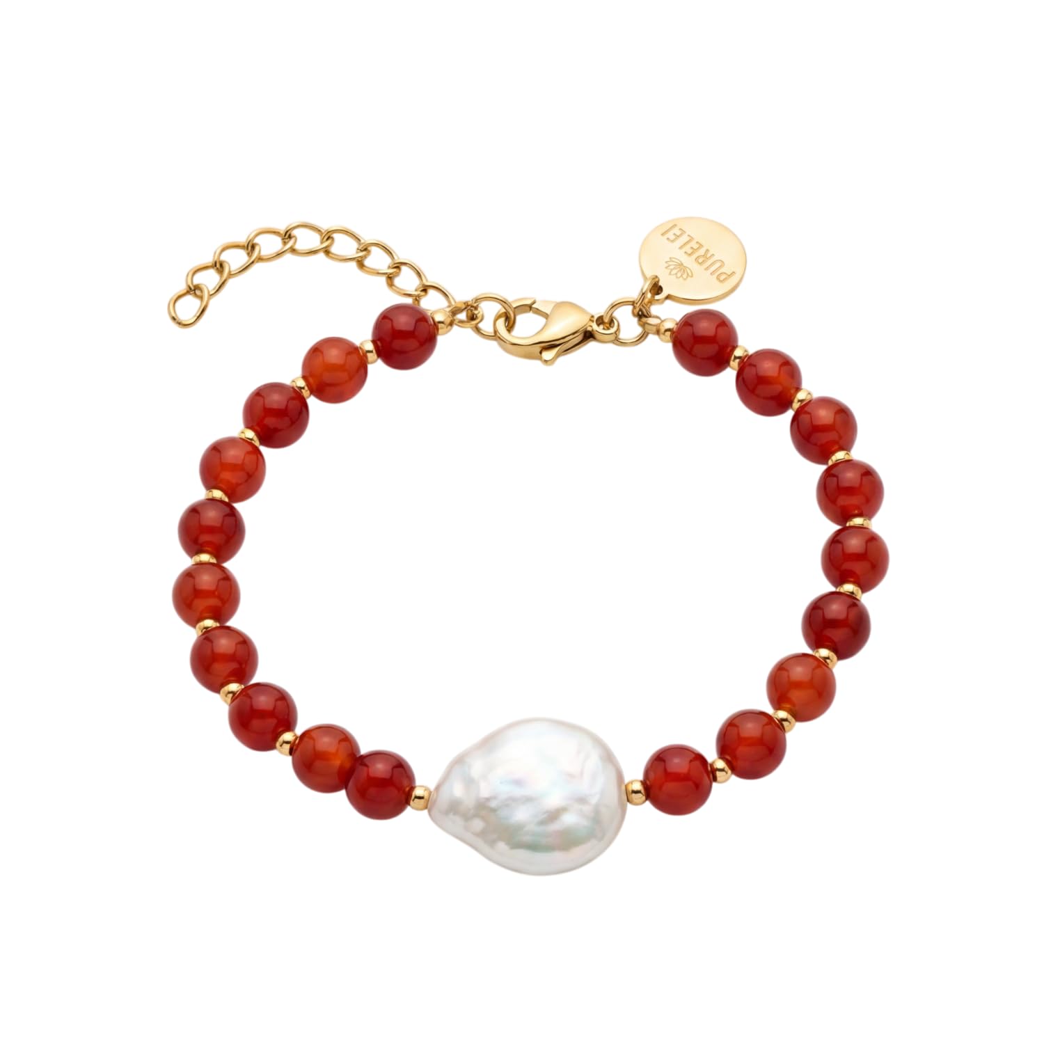 Purelei Armband mit Rotem Achat und Süßwasserperle, Verstellbar 16–19 cm, Edelstahl 14K Vergoldet, Coin-Perle ca. 12 mm