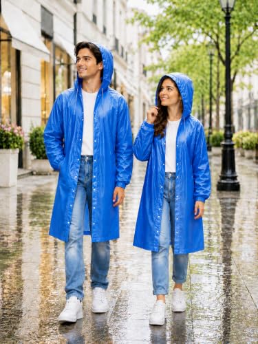 Image of Hooded Waterproof Men's & Women's Raincoat, Lightweight Long Rain Jacket, Button Front, Windproof Outdoor Rainwear | Free Size |