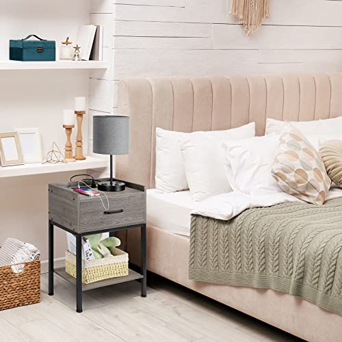 Oyeal Gray Night Stand With Charging Station 2-Tier Side Tables Bedroom With Drawer Small Bedside Table With Usb Ports And Outlets For Bedroom Living Room, Rustic Grey #TOP4