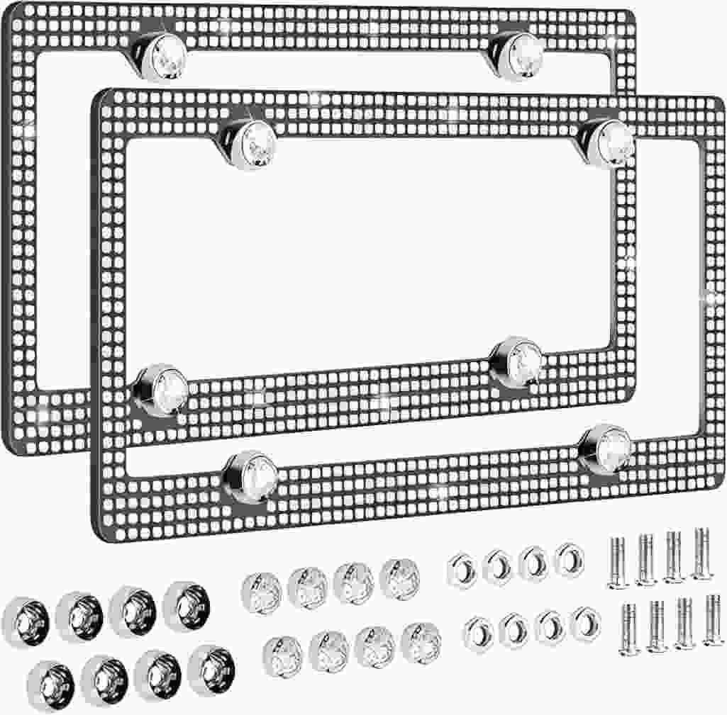 License Plate Frames 2 Pack, Bling Rhinestone License Plate Frame for Women, Alloy, Weatherproof, 4 Holes,Universal US Car License Plate Holders Brackets Rust-Proof