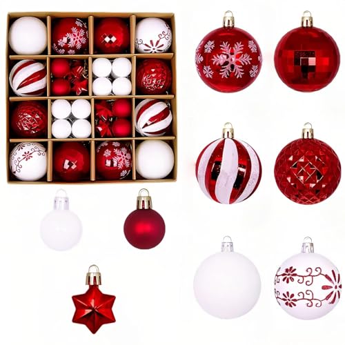 Zhticisic 44Pcs Plastic Christmas Tree Decorations Set,Shatterproof Hanging Xmas Ball Decorations for Holiday Decor(Red White)