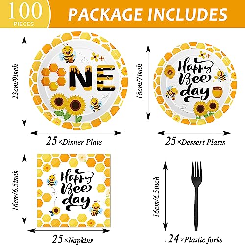 Image of Qyeahkj 100 Pcs Bee 1st Birthday Party Supplies Paper Plates and Napkins Set Disposable Bee First Birthday Tableware Decorations for Bees Theme Baby Shower Serves 25