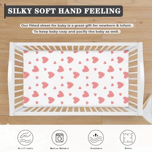 Image of Hearts Baby Crib Sheets for Boys Girls Pink Fitted Crib Sheet for Standard Crib and Toddler Mattress Cute Heart Baby Mattress Sheets Toddler Bed Sheet 52x28x8 in