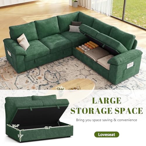 Image of 85 Inch Modular Sectional Sofa with Pull Out Bed, L Shaped 5 Seat Sectional Sleeper Sofa with Storage, Sectional Couches for Living Room, Cloud Modular Couch,Removable Sofa Cover,Green