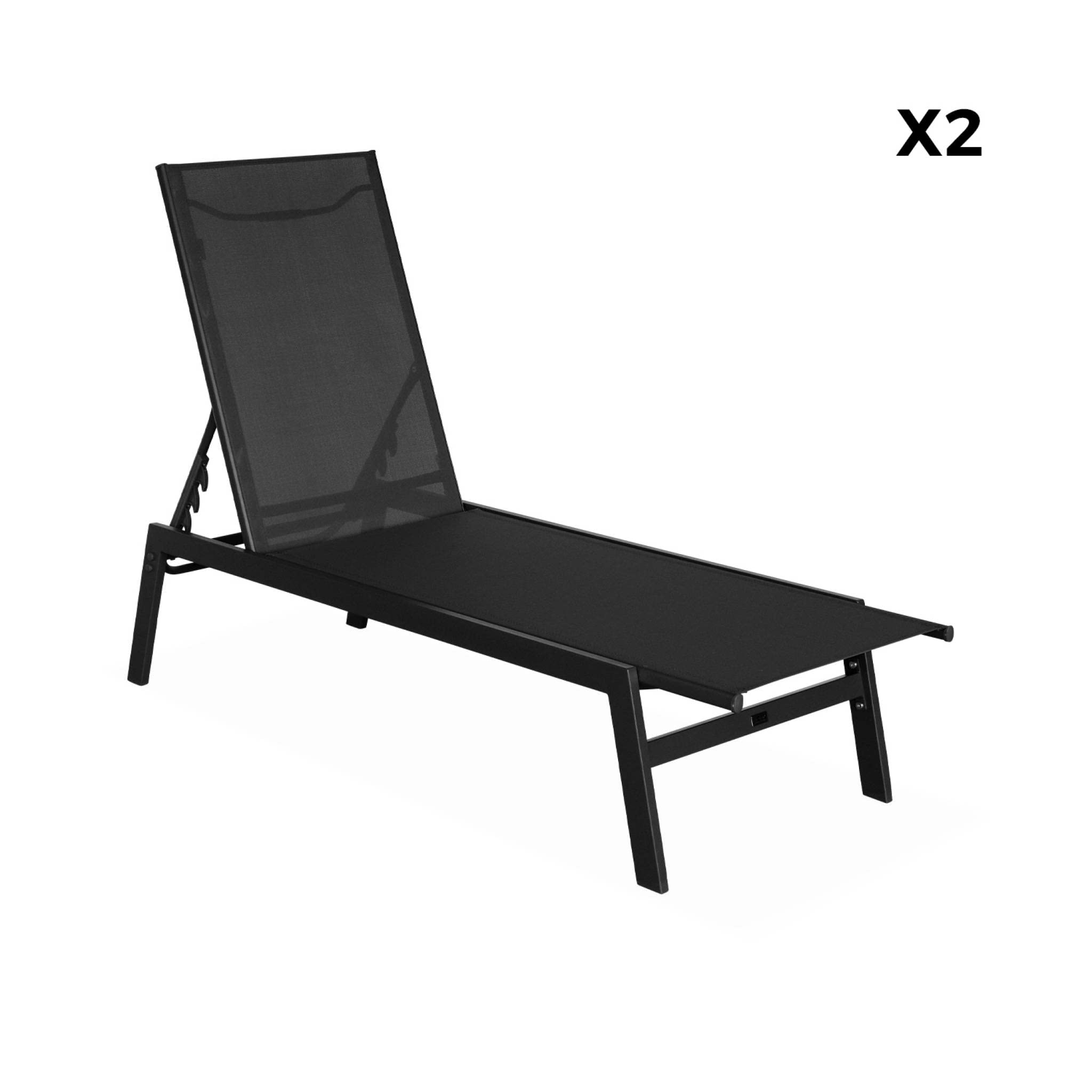 Alice's Garden sweeek - Lot de 2 transats Noir. 5 Positions. en textilène et métal. Flora. L155 x P59 x H106cm