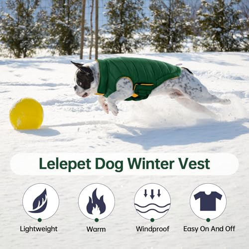 Image of Lelepet Reversible Dog Coat Windproof Dog Jacket Lightweight Puffer Vest | Dogs Puffer Coat for Medium Dogs Adjustbale Hook & Loop Pet Apparel Cold Weather Coats with Leash Hole, Pug, Green, M