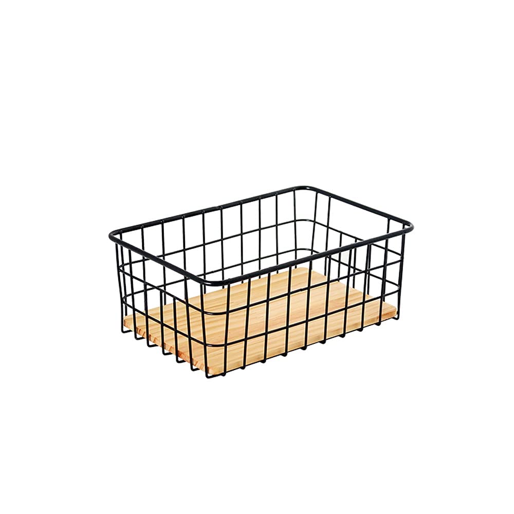WOKEZ Sizing：27 * 18 * 11cm(s), Bathroom and Kitchen Storage Basket, Snack and Enhancive Storage Basket, Detachable, Wooden Prat, Iron Storage Basket (Color : Black, Size : Small)