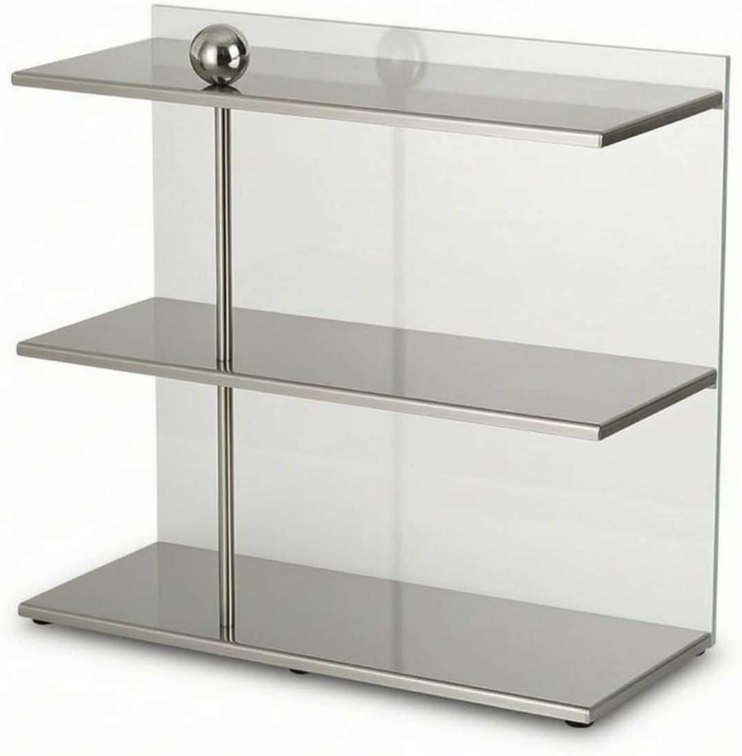 Three-Tier Display Rack Modern Acrylic Organizer with Metal Frame Transparent Shelf for Collectors, Silver, Small