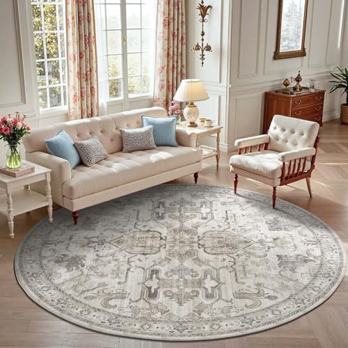 jinchan 8ft Washable Round Area Rug, Soft Vintage Floral Non-Slip, Taupe