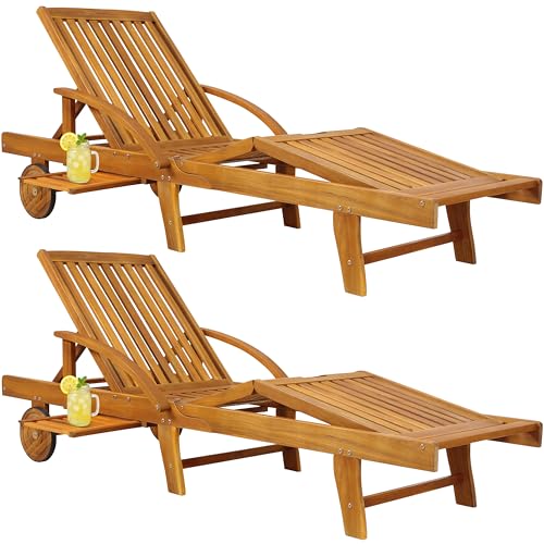 CASARIA 2x Sun Lounger Tami Sun | Acacia Wood | Foldable Adjustable | Extendable Table | Garden Sun Bed | Reclining Deck Chair | Wooden Garden Sunlounger