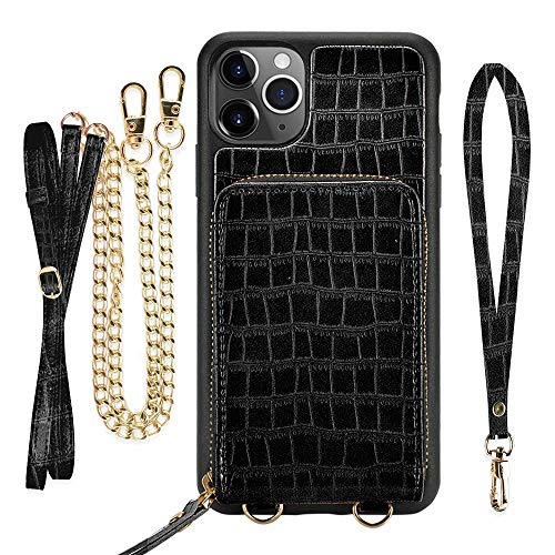 iPhone 11 Pro Max Wallet Case,ZVE iPhone 11 Pro Max Case with Crossbody Chain Strap Credit Card Holder Slot Zipper Purse with Wrist Strap Case for iPhone 11 Pro Max 6.5 inch -Crocodile Grain Black