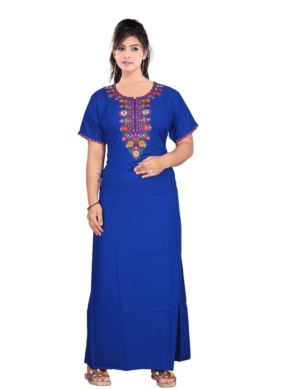 VALENCIA SLEEPWEAR Floral Shap Embroidery Gown Maxi Nightwear Nighty Lizzy Bizzy Soft Fabric Length Night Slip