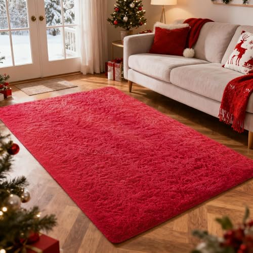 Ophanie Red Fuzzy Area Rug 4x6 for Bedroom & Living Room