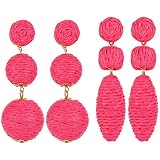 Boho Raffia Beads Earrings for Women Lightweight Statement Straw Braid Ball Dangle Earrings Handmade