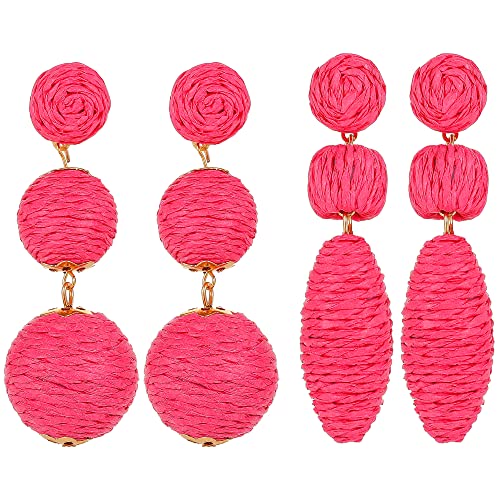 Boho Raffia Beads Earrings For Women Lightweight Statement Straw Braid Ball Dangle Earrings Handmade Rattan Long Earrings For Summer Beach Lantern Drop Earrings For Girls Hot Pink #TOP7