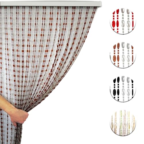 Tenda Antimosche a Perline Bicolore con Fili Alternati, Moschiera a Pannello Ombreggiante Divisoria per Porta Finestra Ingresso Balcone Giardino con Kit Ganci - Trasp/Marrone, 100x220
