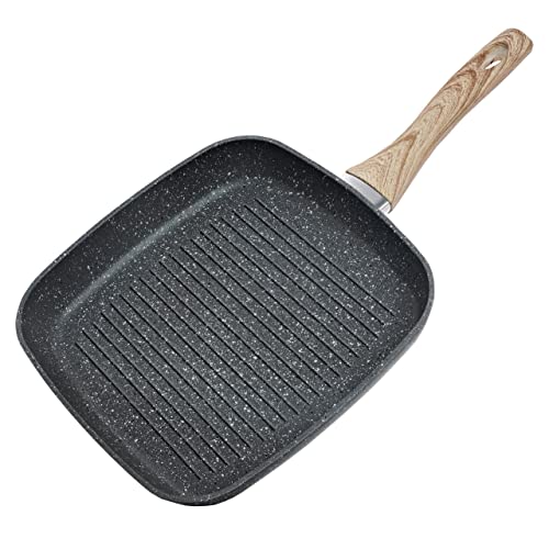 Image of Schallen Anthracite Grey Kitchen Cookware Non Stick Frying Pan Saucepan Cooking Stock Pot Full Pan Set with Soft Grip Handles (Wooden Finish Handle, Griddle Pan - 26cm)