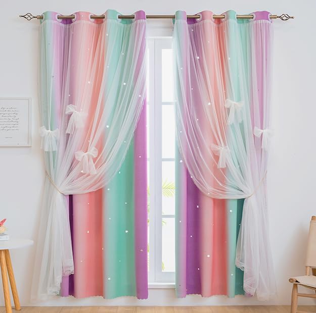 Image of Yancorp Curtains for Girls Bedroom Kids Curtain Hollow-Out Star Window Nursery Curtain 72 inches Length Room Darkening Grommet 2 Layers (Green Pink Purple, W52 X L72)