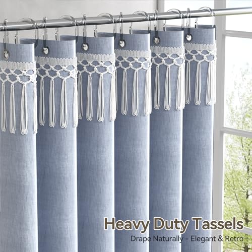 Image of AmazerBath Blue Boho Shower Curtains for Bathroom, Farmhouse Shower Curtain with Top Tassels, Blue Shower Curtain Set, Faux Linen Fabric Shower Curtain with 12 Hooks, Hotel Quality, 72x72 Inches