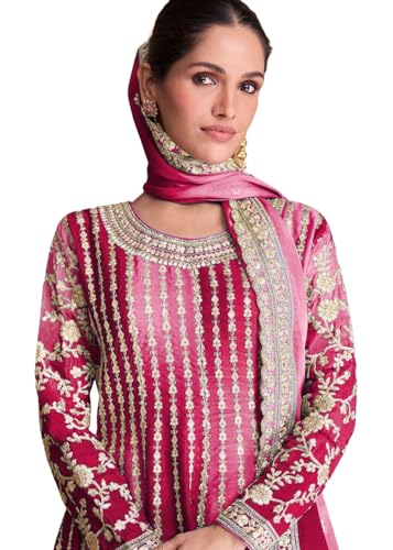 Image of Miss Ethnik Dual Tone Strip Chinon Heavy Embroidered Stitched Sharara Suit Set With Dupatta (ME-1129)