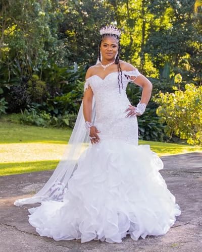 Off The Shoulder Mermaid Bridal Gown Crystal Beaded Tulle Lace Appliques Sweetheart Wedding Dress for Bride PS012