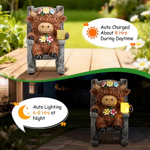 Tfro & Cile Statue de jardin solaire en forme de vache des Highlands - Décoration extérieure - Cadeau de pendaison de crémaillère unique pour pelouse, terrasse, balcon – vue 4