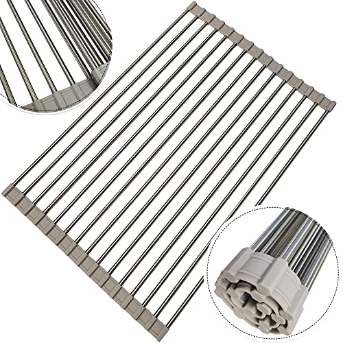 Roll Up Dish Drying Rack Over The Sink Dish Drying Rack Portable Stainless Steel Rolling Rack Kitchen Rolling Dish Drainer Sink Rack Mat Dish Racks for Kitchen Sink Counter (17.8" L x 11.8" W, Grey)