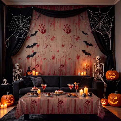 Image of Kochorie 100 Ft x 54 Inch Halloween Bloody Party Tablecloth Roll with Cutter Box Waterproof Plastic Horror Bloody Zombie Table Cover for Halloween Spooky Party Decorations, Gray