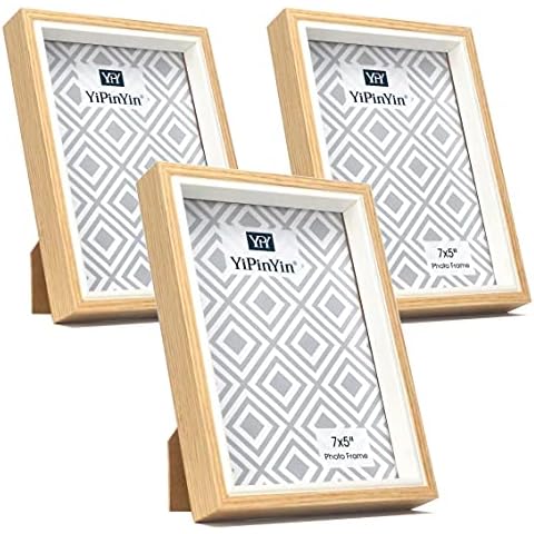 7x5 Inch Wood & White TwoTone Gallery Photo Frame Set of 3, Wooden Effect Boxed Picture Frame with white inlay , 5 x 7'' frame with Real Glass Front frame for Tabletop or Wallmounted Cover