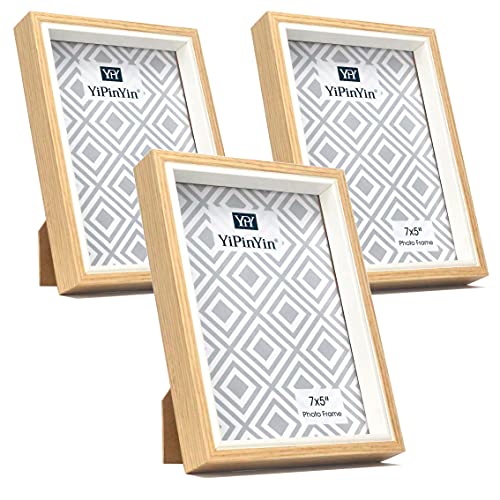 7x5 Inch Wood & White TwoTone Gallery Photo Frame Set of 3, Wooden Effect Boxed Picture Frame with white inlay, 5 x 7'' frame Wiith Safe Acrylic Front for Tabletop or Wallmounted