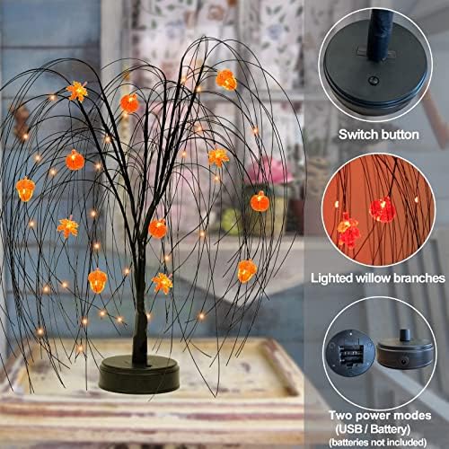 Lighted Fall Decor Tabletop Tree for Home, 40 LED Light Up Willow Orange Tree Thanksgiving Table Decor, DIY Pumpkin Hazelnut Maple Leaves Ornaments Battery USB Powered Timer for Autumn Party