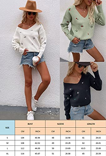Ecowish Women V Neck Sweaters Small Flower Embroidered Long Sleeve Lightweight Pullover Sweater 205 Beige Medium #TOP5