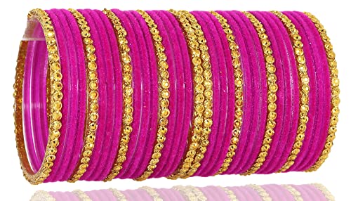Image of NMII Premium Glass & Golden Beads Velvet Bangle Set For Women and Girls | Velvet Chudi | Traditional Chudi Set | Designer Girl's Bangles Bracelet | Wedding, Party, Festive, Daily- Set of 34