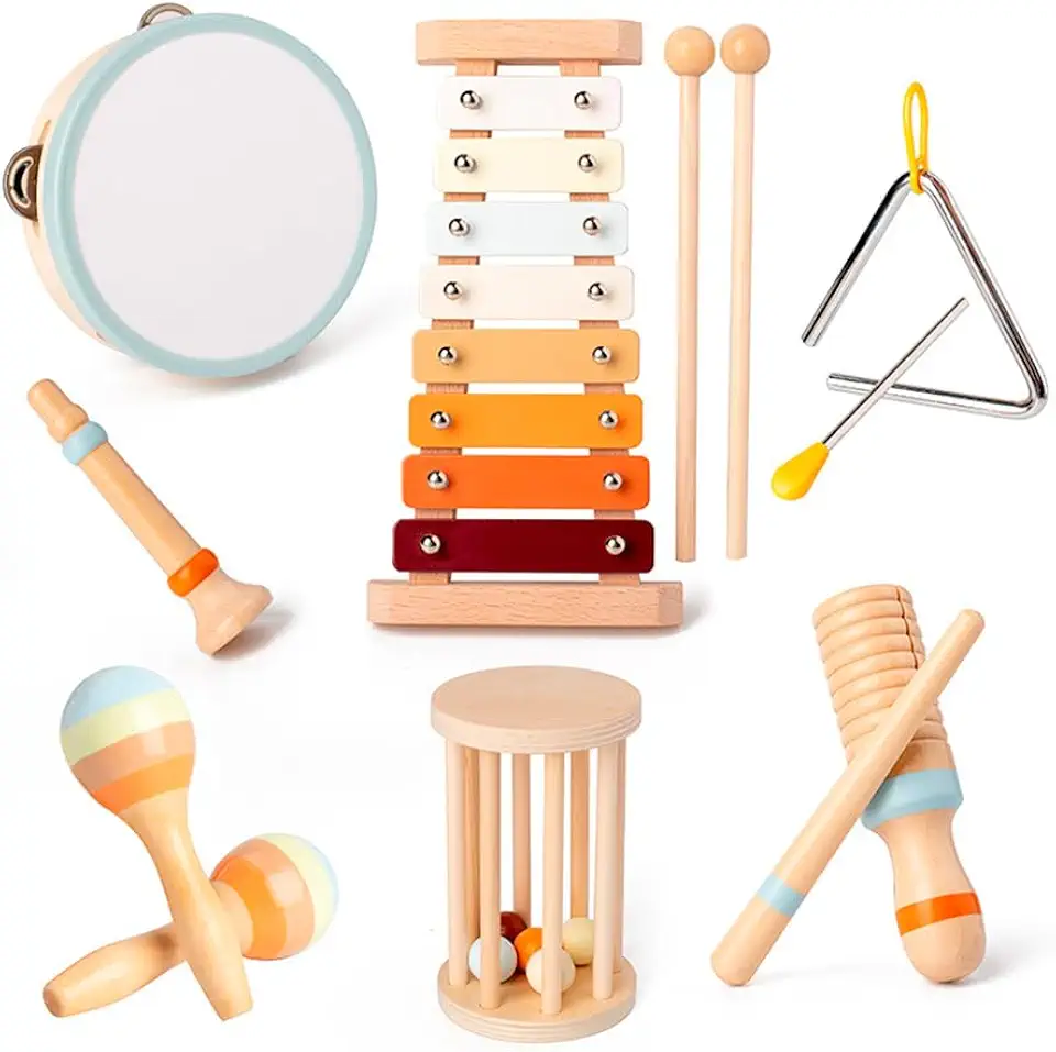 Conjunto 7 Instrumentos Musicais TL-GP172 de Madeira Montessori para Crianças 2 a 7 Anos | Kit Brinquedo Educativo Infantil Unissex | Estimula Coordenação Motora e Musicalização