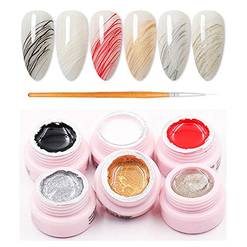 6 Colors Spider Gel Nail Art, Wire Drawing Gel with Nail Brush, Elastic Gel for Nail Painting Drawing Line, DIY Patterns Design, Soak Off LED UV Gel Nail Art Decoration Kit for Christmas, Party