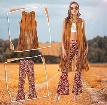 Hippiekostuum dames franjes mouwloos vest hippiekleding dames jaren 60 70 80 outfit kleding dames meisjes disco outfit bruin franje vest dames hippie bolero carnaval kostuums, Kaki, XXL