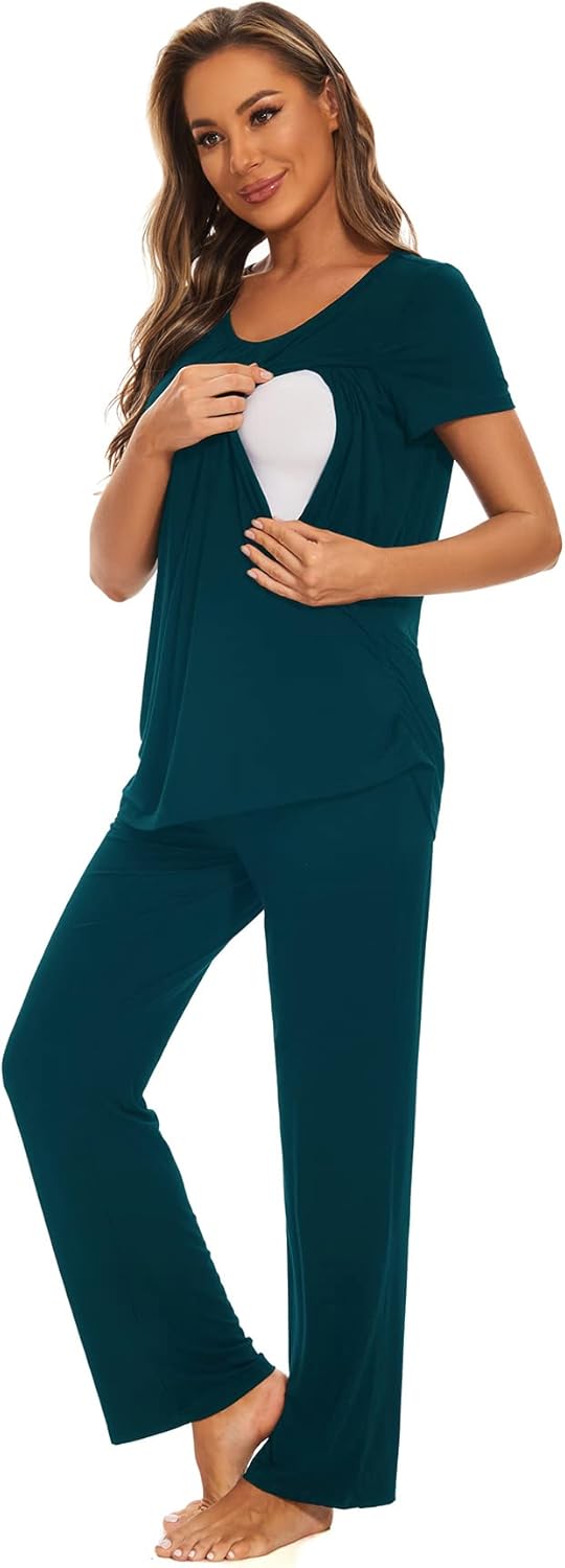 Smallshow Women's Maternity Postpartum Pajamas Ruched Short Sleeve Nursing Pjs - Image 4