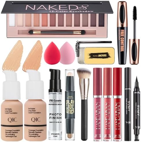 All in One Makeup Kit, Makeup Set Includes 12 Colors Eyeshadow, Foundation & Primer, Lipsticks, Eyeliner, Mascara, Contour Stick, Brow Soap, Makeup Brush & Sponges, Make Up Gift Kit for Women & Teens