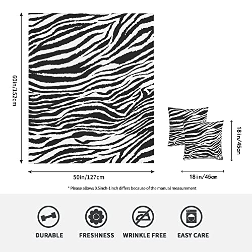 Wibue Zebra Blanket 50"X40" With 2 Zebra Pillow Covers 18"X18",Decorative Fleece Throw Blanket 3 Piece Set,Fuzzy Soft Cozy Warm Lightweight Blanket For Sofa,Couch,Bed,Travel,Camping #TOP6