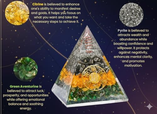 Image of Money Magnet Pyrite Pyramid for Home & Office | Pyrite Citrine Green Aventurine Vastu Pyramid with Zibu Symbol | Wealth Attraction Financial Growth Business Success & Positive Energy Decor