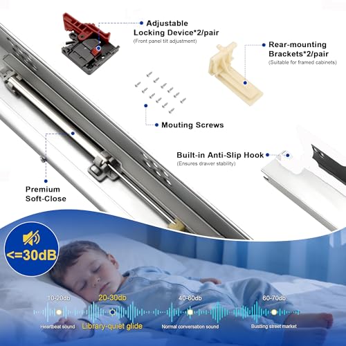 Knobonly 8 Pairs 18 Inch Undermount Drawer Slides Soft Close, Bottom Mount Full Extension, 85 LB Heavy Duty Zinc Plated, Complete with Mounting Screws & Locking Device for Professional Upgrade by Knobonly - Image 3