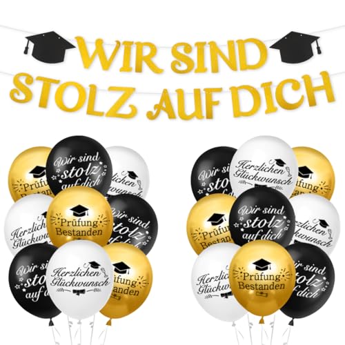 24 Stück Abschluss Luftballons, Schulabschluss Deko Schwarz Gold, Graduation Bal