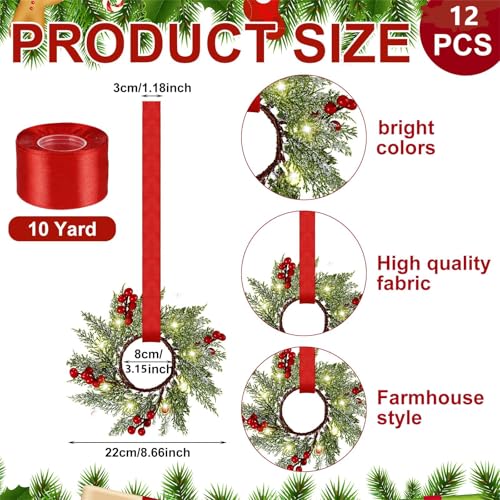 Xinnun 12 Pcs Mini Christmas Wreath for Cabinets Kitchen with LED Lights 8.66 Inch Lighted Hanging Red Small Christmas Wreaths with Berry for Kitchen Cabinet Fireplace Window Front Door Wall Decor by Xinnun - Image 2