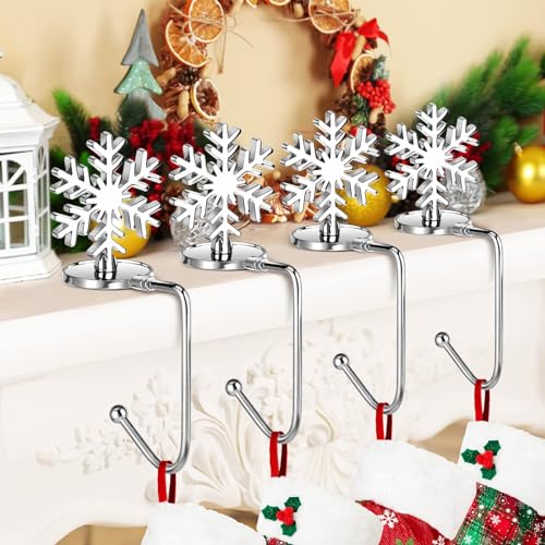 Sereliy Christmas Stocking Holders for Mantle Lightweight, Small Snowflake Stocking Holder Set of 4, Rotatable Fireplace Stocking Hangers Suitable for mantels Less Than 2.7 inches(Snowflake)