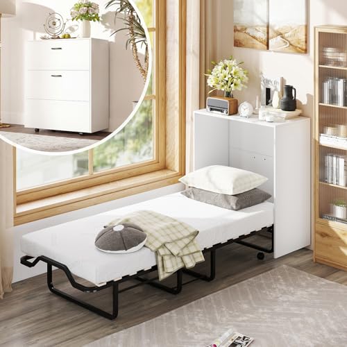 Giantex Murphy Bed Cabinet with Mattress - 74" x 31" Cot Size Folding Bed w/Storage, Metal Frame & Lockable Rolling Wheels, Space-Saving Roll Away Beds with Mattresses for Adults Guests (White)